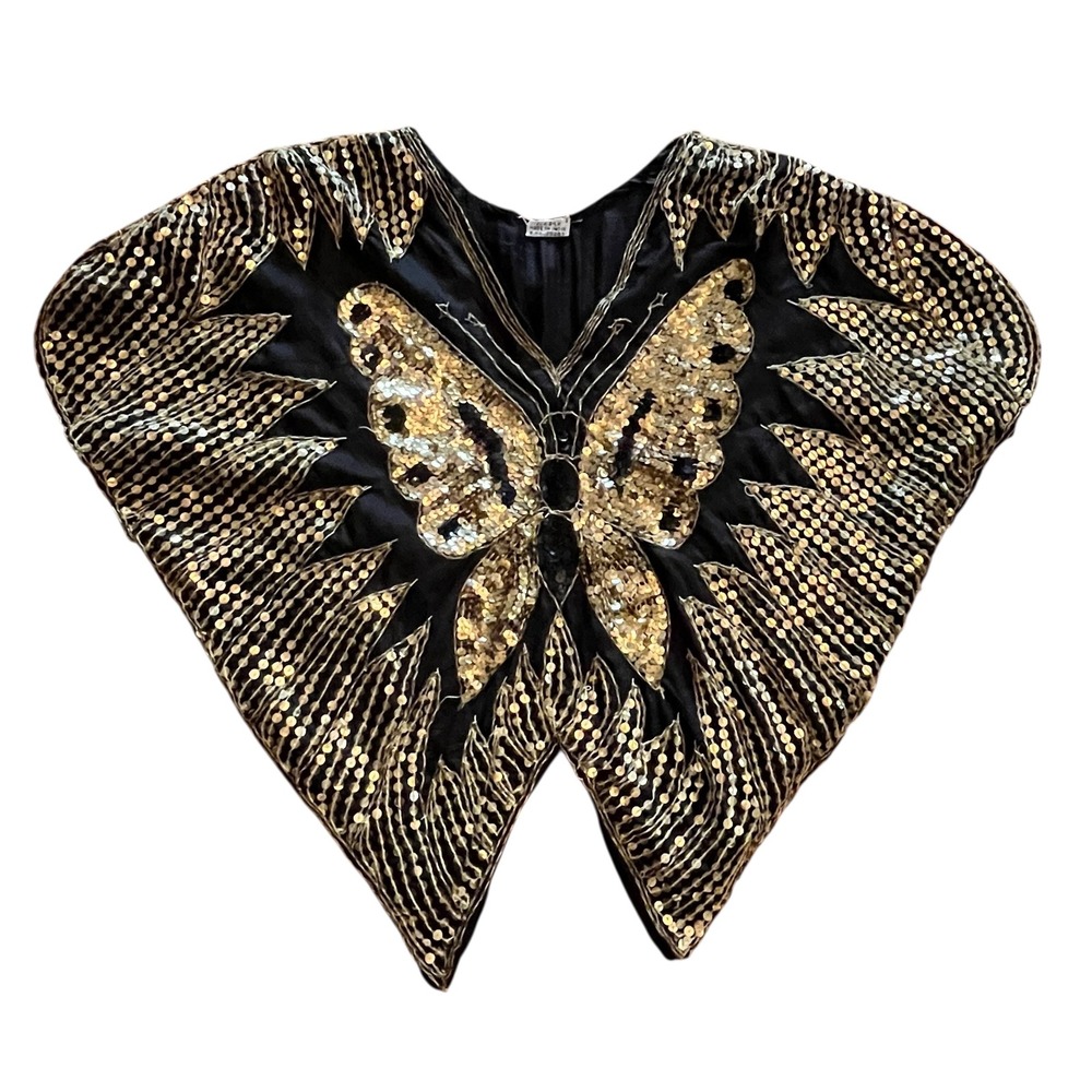 Vintage Silk Butterfly Top Gold Sequin Embellished Black V-Neck Made in India
